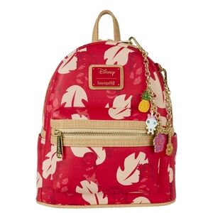 Loungefly Lilo Red Tropical Mini Backpack with Cream Leaf Print